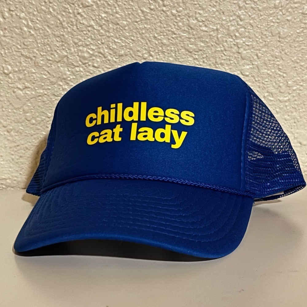 Childless Cat Lady Trucker Hat Snap Back Blue & Yellow